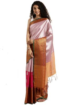 Silver woven silk blend saree with blouse 1