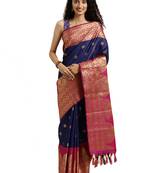 Blue Woven Silk Blend Saree With Blouse