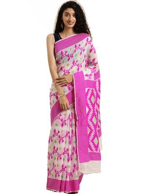 White Woven Cotton Silk Saree With Blouse 1