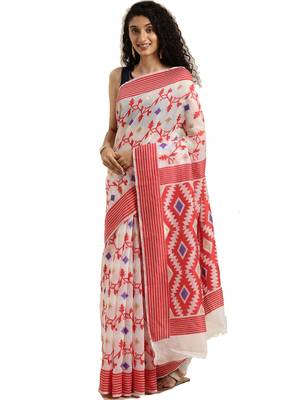 White Woven Cotton Silk Saree With Blouse 1