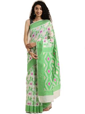 White Woven Cotton Silk Saree With Blouse 1