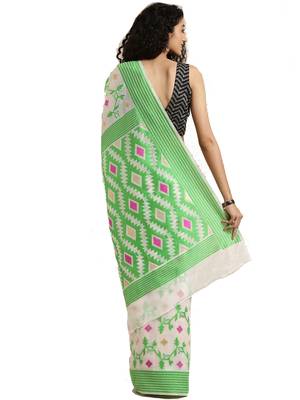White Woven Cotton Silk Saree With Blouse 2