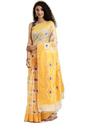 White Woven Cotton Silk Saree With Blouse 1