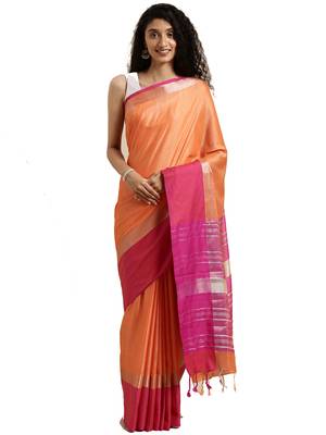 Orange woven linen saree with blouse 1