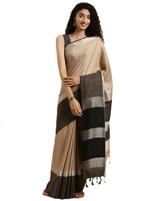 Brown woven linen saree with blouse 1