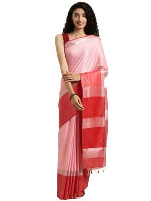 Peach woven linen saree with blouse 1