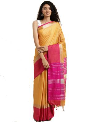 Mustard woven linen saree with blouse 1
