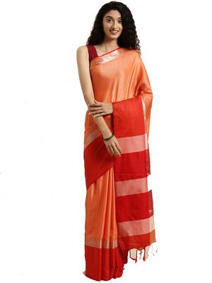Orange woven linen saree with blouse 1