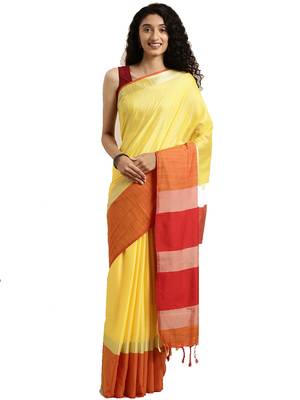 Yellow Woven Linen Saree With Blouse 1