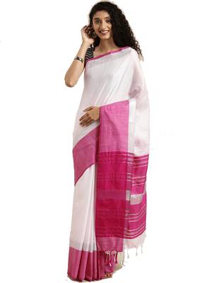 White woven linen saree with blouse 1