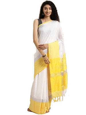 White woven linen saree with blouse 1