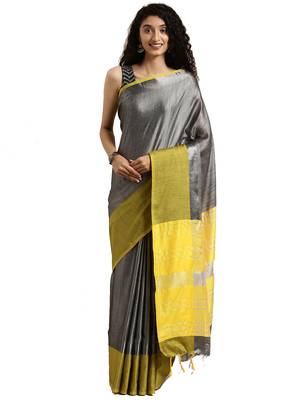 Grey woven linen saree with blouse 1