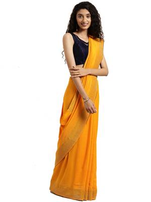 Yellow woven silk blend saree with blouse 1