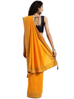 Yellow woven silk blend saree with blouse 2