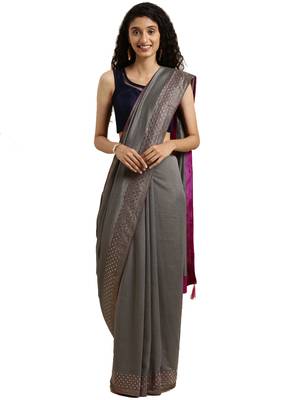 Grey woven silk blend saree with blouse 1