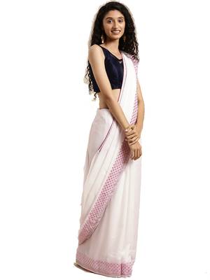 White woven silk blend saree with blouse 1
