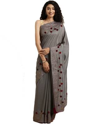Grey woven silk blend saree with blouse 1