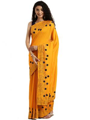 Yellow woven silk blend saree with blouse 1