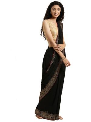 Black woven silk blend saree with blouse 1