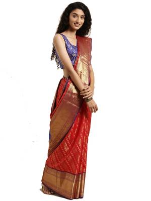 Red Woven Silk Blend Saree With Blouse 1