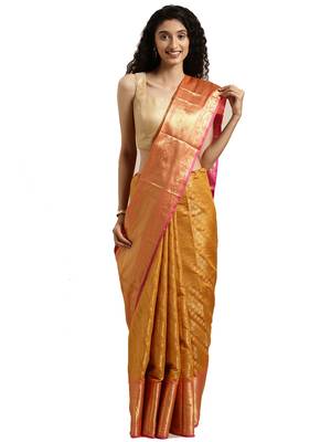 Yellow Woven Silk Blend Saree With Blouse 1