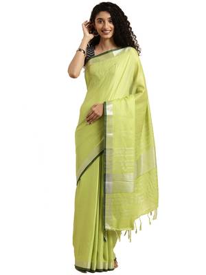 Green woven linen saree with blouse 1