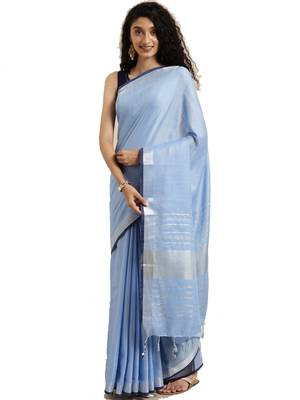 Blue woven linen saree with blouse 1