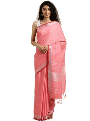 Peach woven linen saree with blouse 1