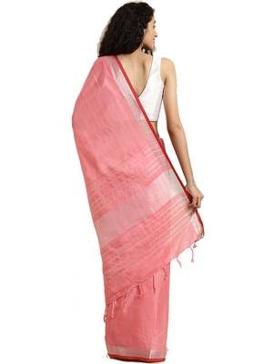 Peach woven linen saree with blouse 2