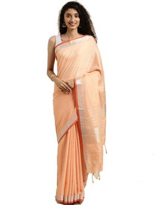 Orange woven linen saree with blouse 1