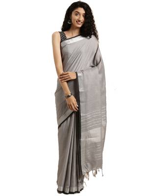Grey woven linen saree with blouse 1