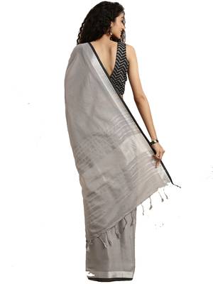 Grey woven linen saree with blouse 2