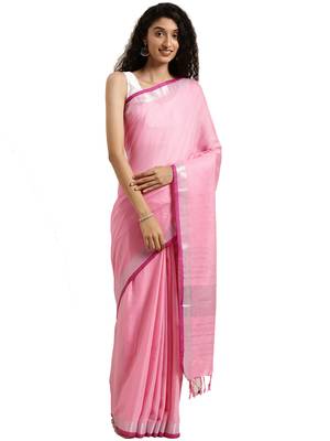 Pink woven linen saree with blouse 1