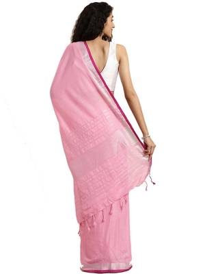 Pink woven linen saree with blouse 2