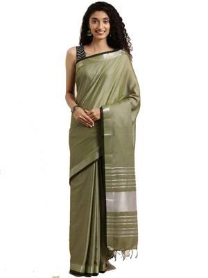Green woven linen saree with blouse 1