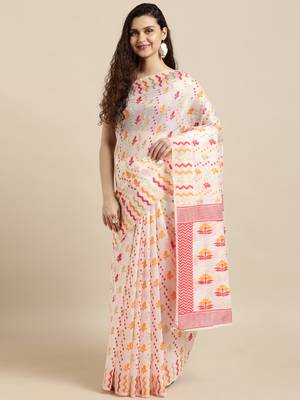White Woven Cotton Silk Saree With Blouse 2
