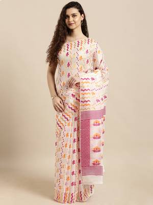 White Woven Cotton Silk Saree With Blouse 1