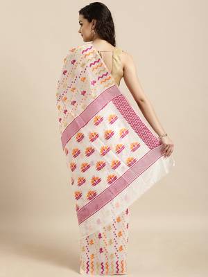 White Woven Cotton Silk Saree With Blouse 2