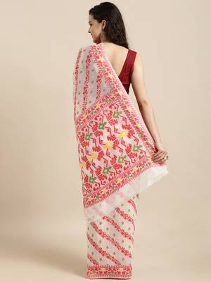 White Woven Cotton Silk Saree With Blouse 2