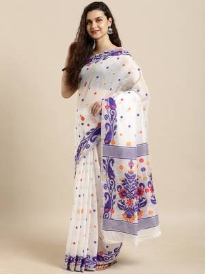 White Woven Cotton Silk Saree With Blouse 2