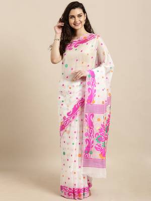 White Woven Cotton Silk Saree With Blouse 2