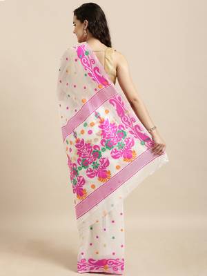 White Woven Cotton Silk Saree With Blouse 4