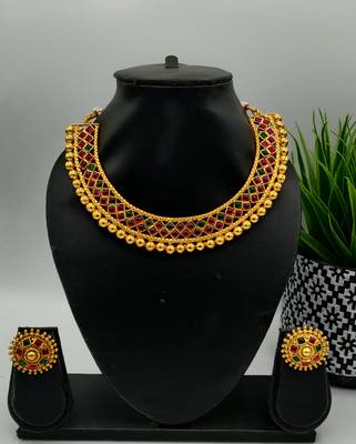 Red And Green Stone Studded Metallic Neckalce Sets 1