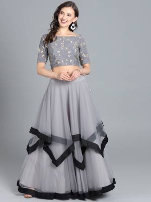 Grey embroidered net semi stitched lehenga 1