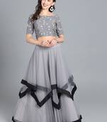 Grey embroidered net semi stitched lehenga