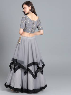Grey embroidered net semi stitched lehenga 2