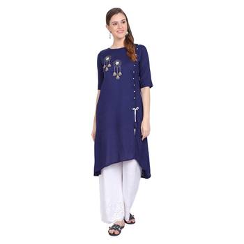 Blue plain rayon long-kurtis 1