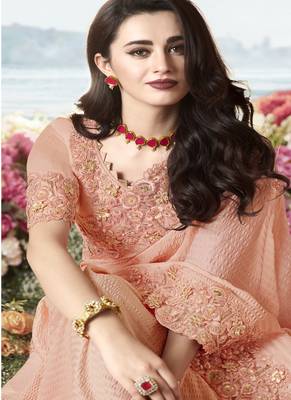 Peach Embroidered Fancy Fabric Saree With Blouse 2