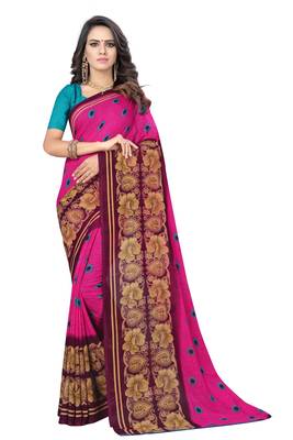 Pink printed georgette saree with blouse 1