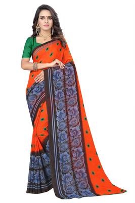 Orange printed georgette saree with blouse 1